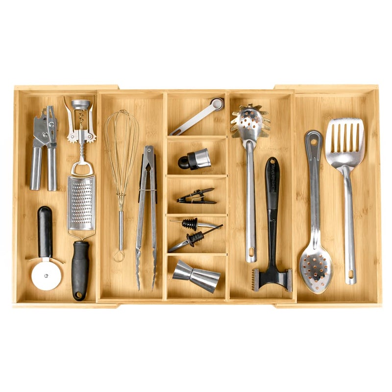 KitchenEdge Adjustable Bamboo Kitchen Drawer Organizer for Utensils and Junk, Expandable to 28 inches Wide, 9 Compartments - Image 1